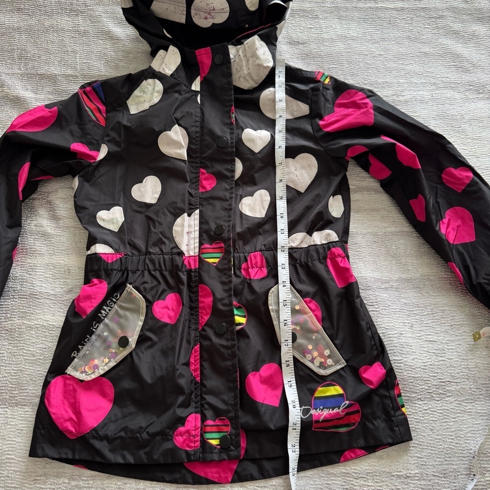 Desigual Kids Heart Raincoat - Black and Pink, Size 9/10 - Picture 7 of 11